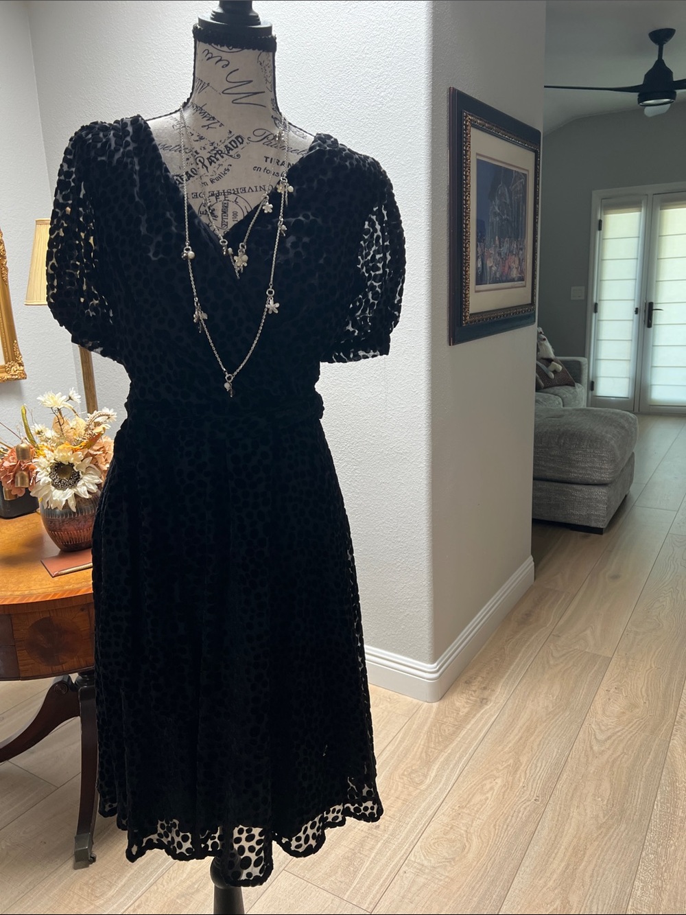 DKNY Black Velvet Burnout Midi Dress with Puff Sleeves
